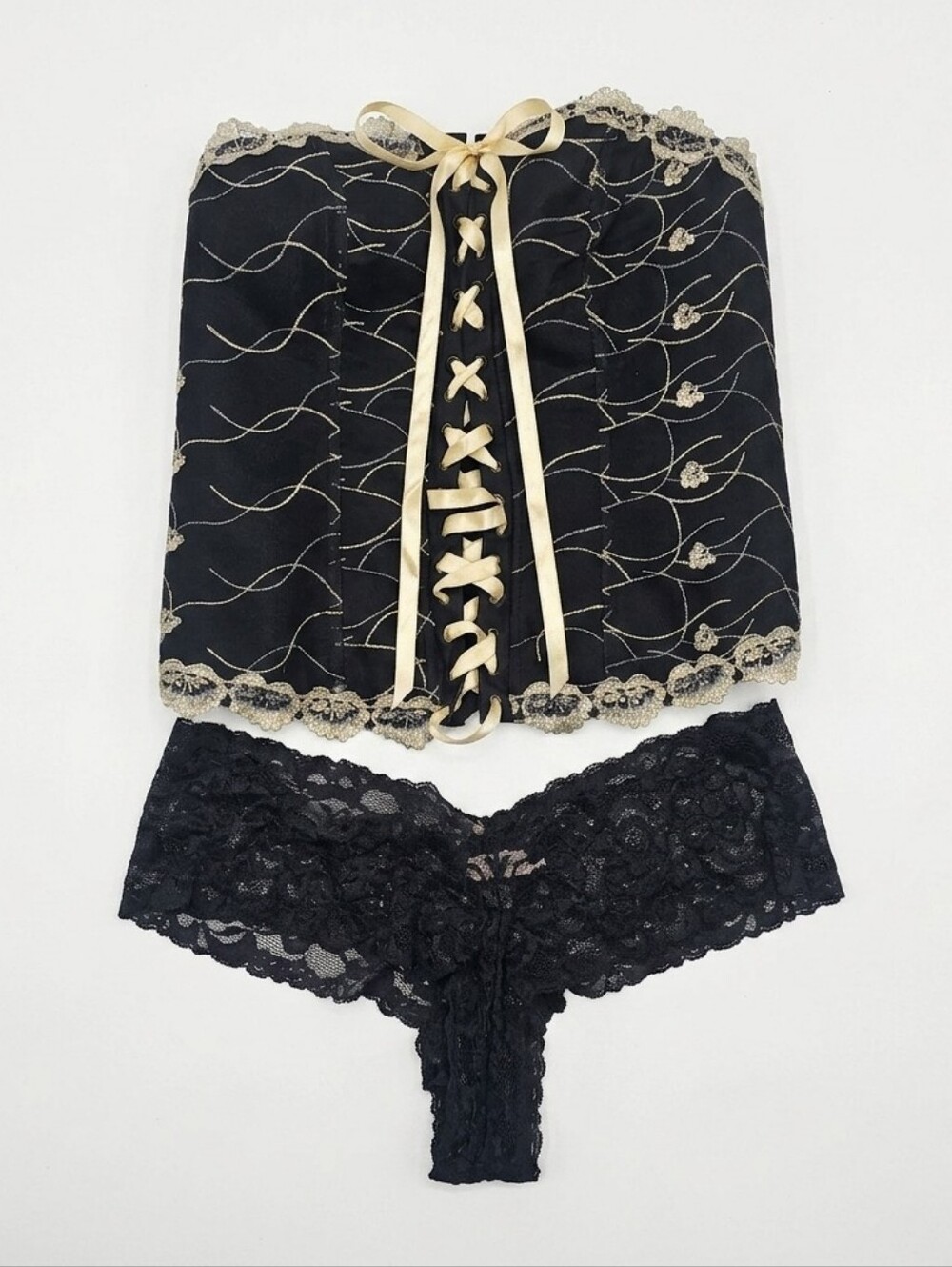 ​Lane Bryant Cacique Corset & Panty Set - Black & Champagne Lace, Size 22/24
